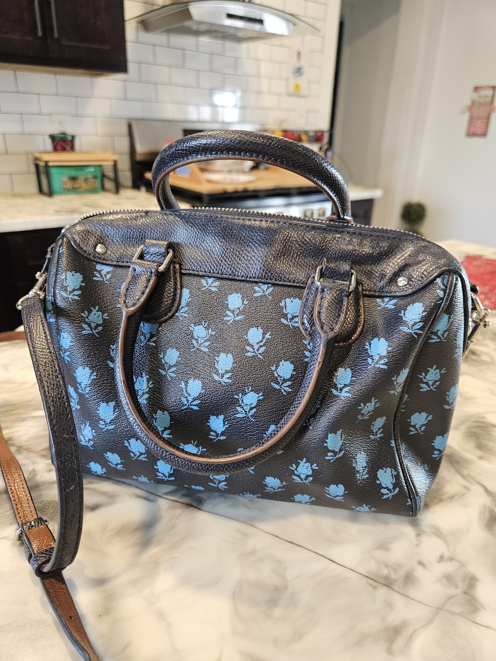 COACH Black Leather Satchel with Blue Floral Motif - Picture 4 of 5